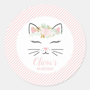 Floral Kitten Birthday Party Stickers kitty face