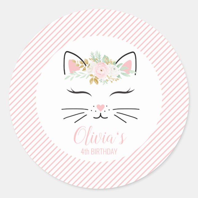 Floral Kitten Birthday Party Stickers kitty face (Front)