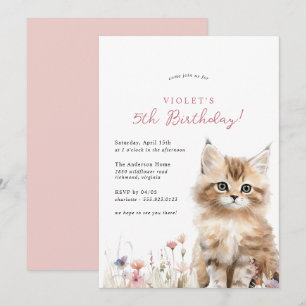 Floral Kitten Cute Cat Theme Girl's Birthday Party Invitation