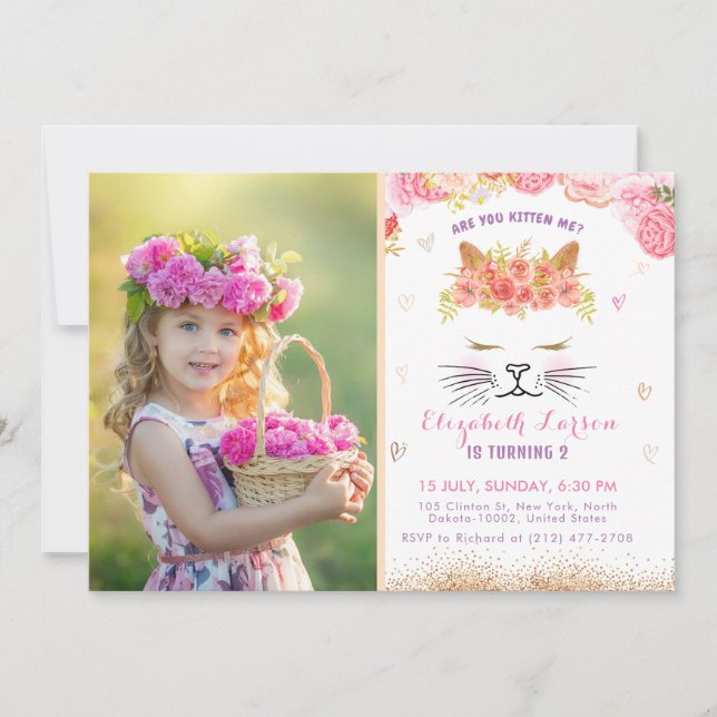 Floral Kitty Photo Birthday Kids Cute Golden Party Invitation (Front)