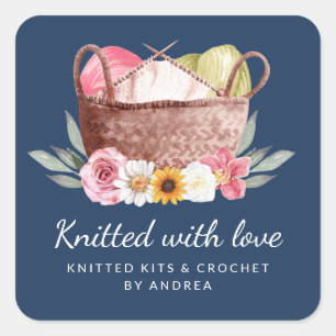 Floral Knitted with Love Handmade Crochet Basket Square Sticker