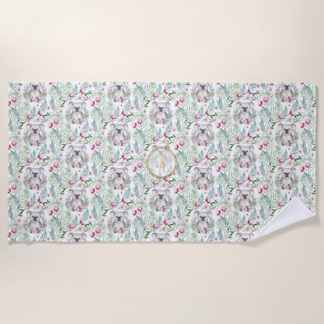 Floral KOALA BEAR Monogram Girls Bedroom Nursery Beach Towel (Front)