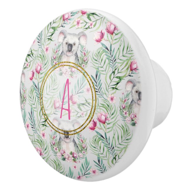 Floral KOALA BEAR Monogram Girls Bedroom Nursery Ceramic Knob (Right)