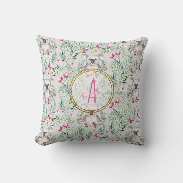 Floral KOALA BEAR Monogram Girls Bedroom Nursery Cushion (Front)