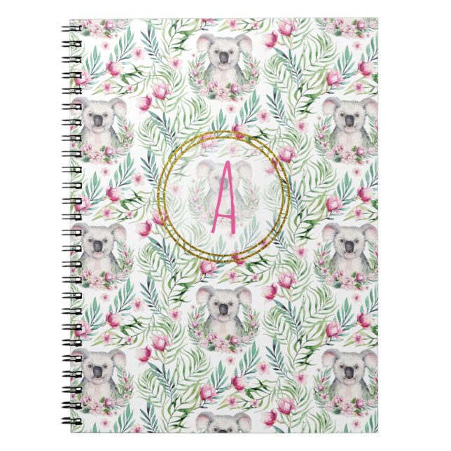 Floral KOALA BEAR Monogram Girls Bedroom Nursery Notebook (Front)
