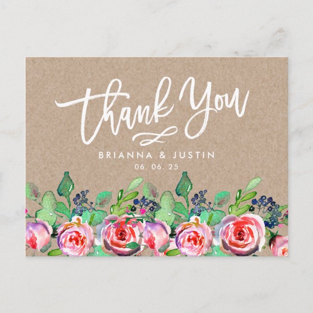Floral Kraft Script Rustic Wedding Thank You Announcement Postcard (Front)