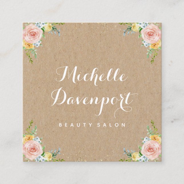 Floral kraft square business card (Front)