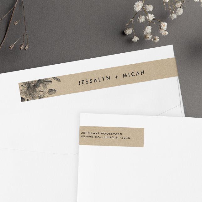 Floral Kraft Wedding Return Address Wrap Around Label (Creator Uploaded)