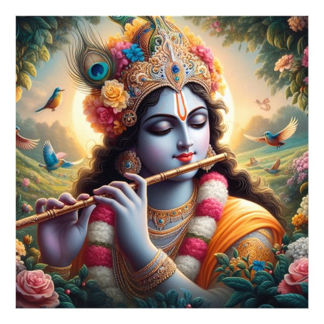 Floral Krishna Flute Serene Garden Art Photo Print (Front)