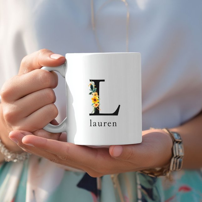 Floral L Monogram Mug with Editable Name (Floral L Monogram Mug with Editable Name. Yellow, Orange & Greenery Watercolor Flowers.)