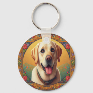 Floral Labrador Retriever Dog Colourful Border Key Ring