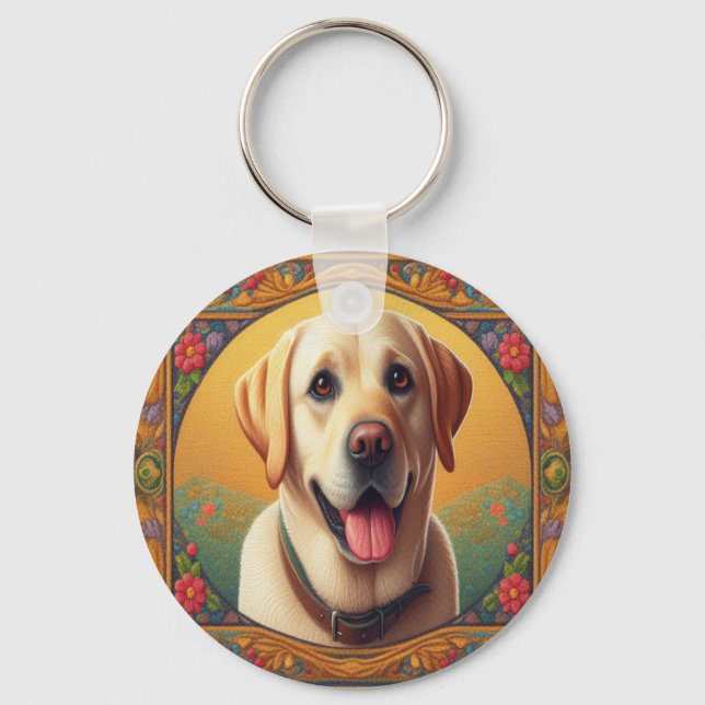 Floral Labrador Retriever Dog Colourful Border Key Ring (Front)