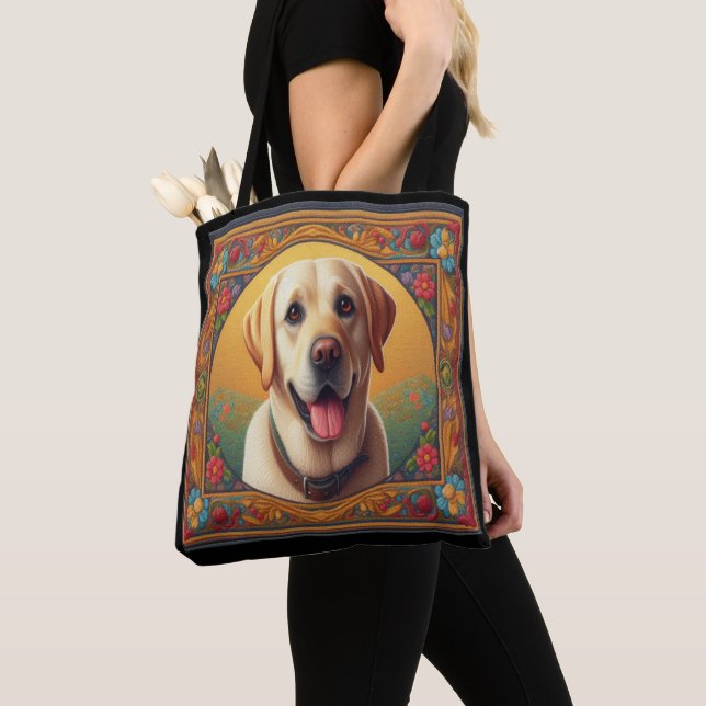 Floral Labrador Retriever Dog Colourful Border Tote Bag (Close Up)