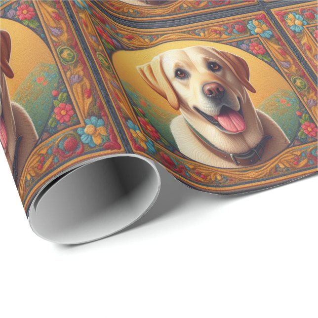 Floral Labrador Retriever Dog Colourful Border Wrapping Paper (Roll Corner)
