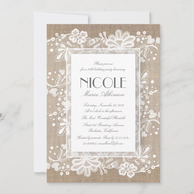 Floral Lace and Burlap Elegant Birthday Party Invitation (Front)