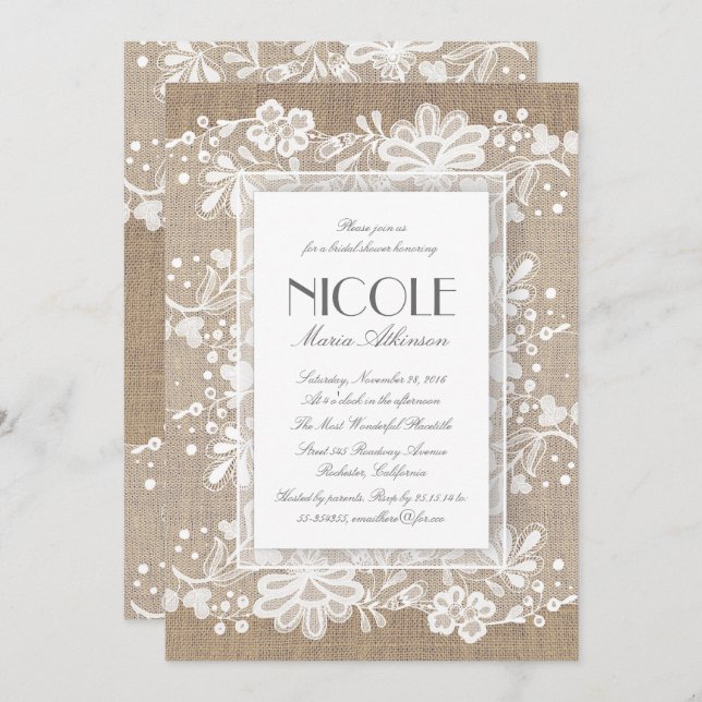 Floral Lace and Burlap Elegant Bridal Shower Invitation (Front/Back)