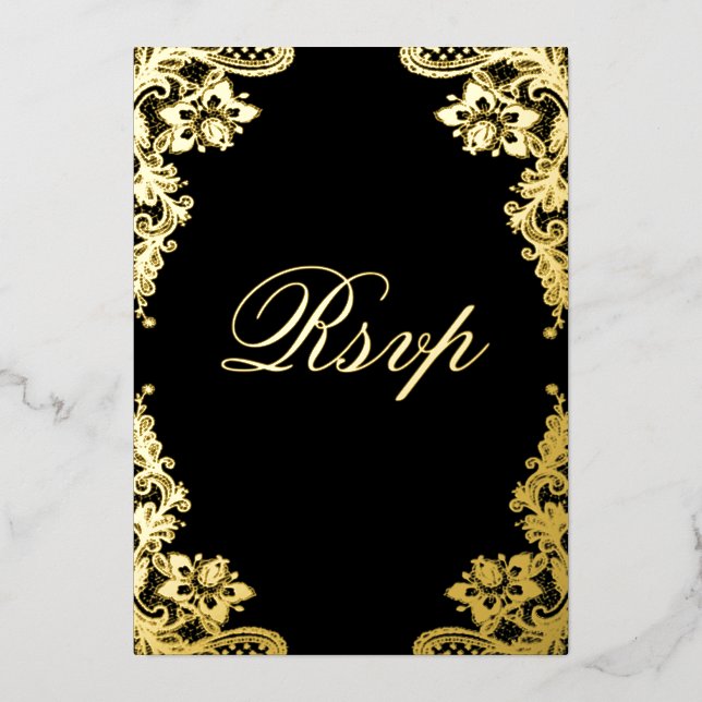 Floral Lace Black Wedding RSVP Real Gold (Front)