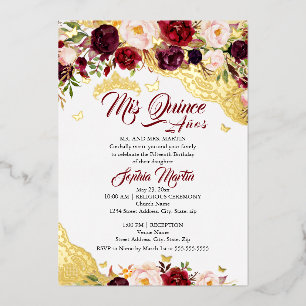 Floral Lace Burgundy Gold Butterfly Quinceanera