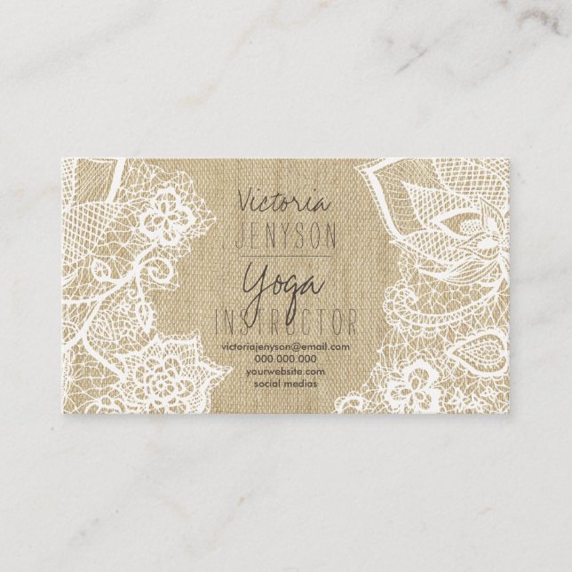 Floral lace burlap boho yoga instructor business card (Front)