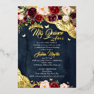 Floral Lace Navy Burgundy Butterfly Quinceanera