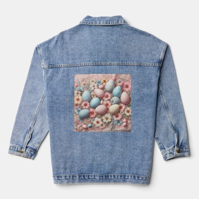 Floral lace pastel pink Easter eggs and flowers  Denim Jacket (Back)
