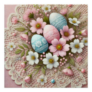 Floral lace pastel pink Easter eggs and flowers  Poster