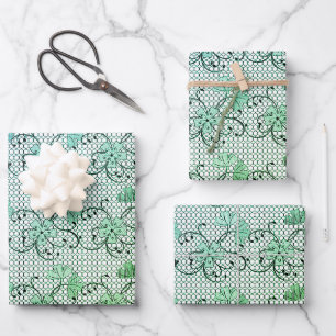 Floral Lace Pattern Blue And Green Wrapping Paper Sheet