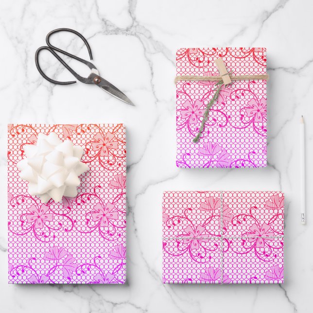 Floral Lace Pattern Shades of Pink and Orange Wrapping Paper Sheet (Front)