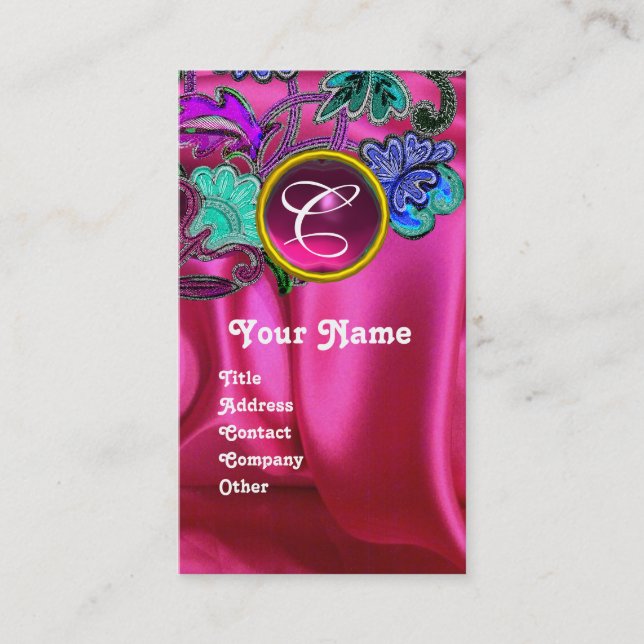 FLORAL LACE PINK FUCHSIA SILK CLOTH, GEM MONOGRAM BUSINESS CARD (Front)