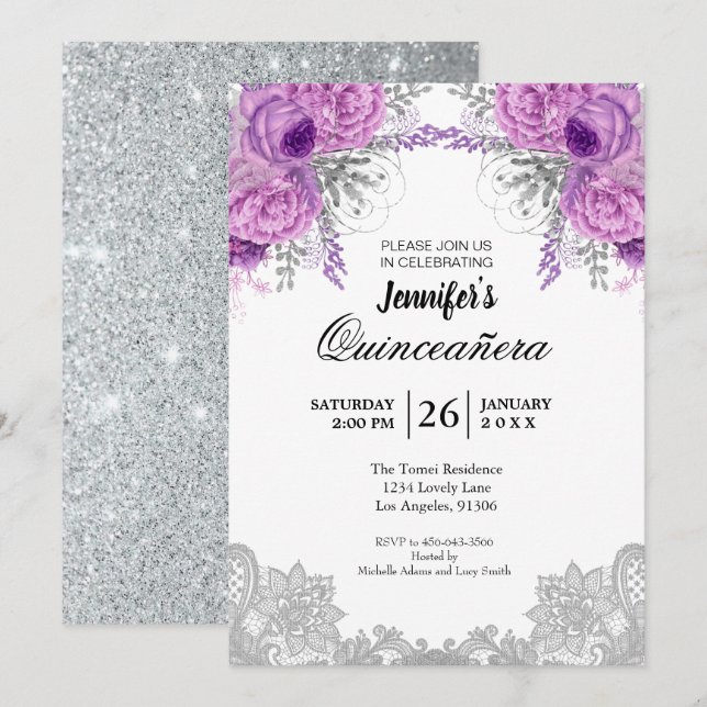 Floral Lace Quinceanera Invitation (Front/Back)