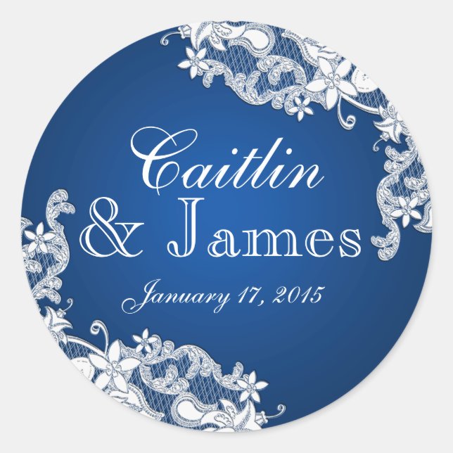 Floral Lace Sapphire Blue Classic Round Sticker (Front)
