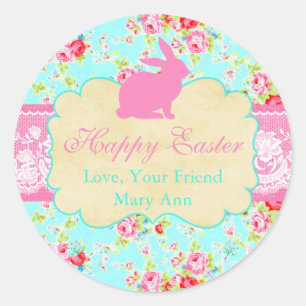 Floral  Lace Shabby Chic Happy Easter Personalised Classic Round Sticker
