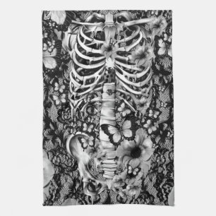 Floral lace skeleton with butterflies tea towel