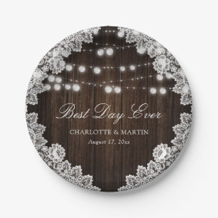 Floral Lace Wood String Lights Rustic Wedding Paper Plate