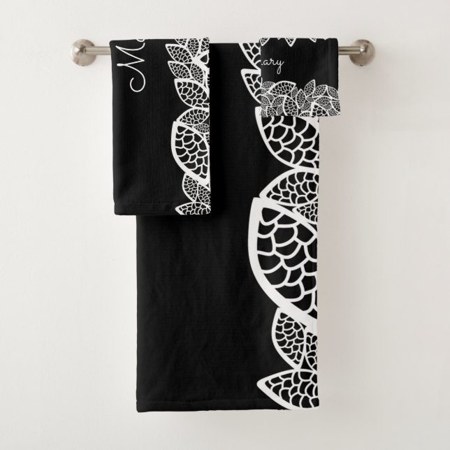Floral Lace Your Name Black White Bath Towel Set (Insitu)