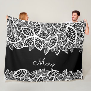 Floral Lace Your Name Black White Fleece Blanket