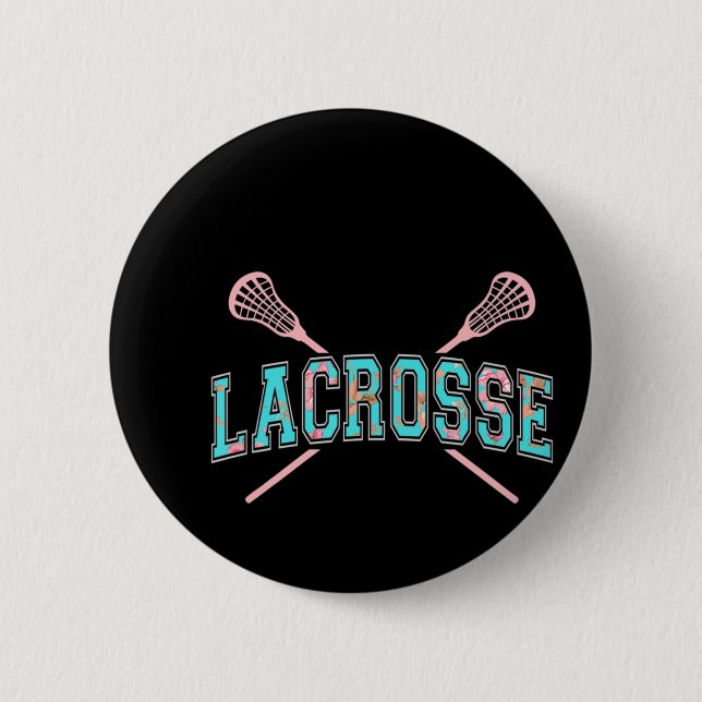 Floral Lacrosse Crossed Sticks LAX Girly Teal PInk 6 Cm Round Badge (Front)