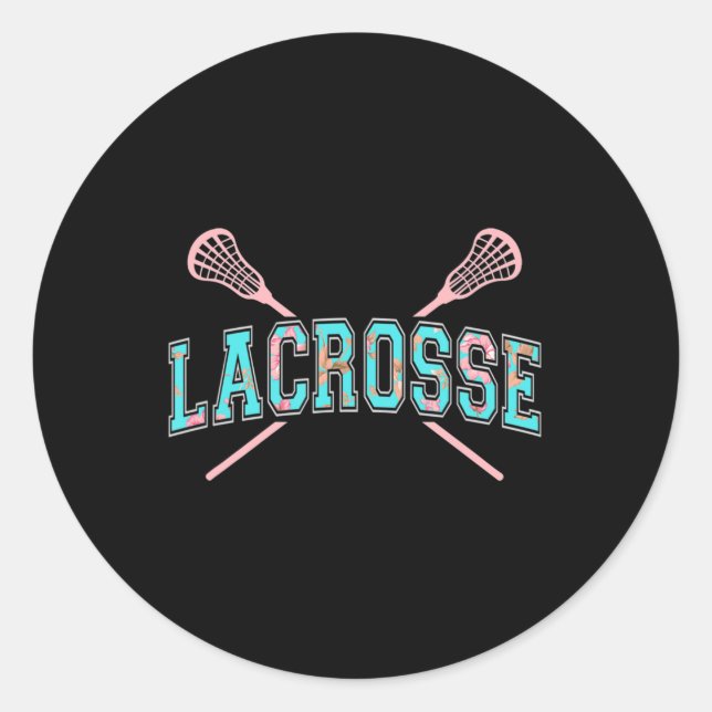 Floral Lacrosse Crossed Sticks LAX Girly Teal PInk Classic Round Sticker (Front)