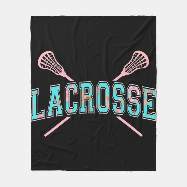 Floral Lacrosse Crossed Sticks LAX Girly Teal PInk Fleece Blanket (Front)