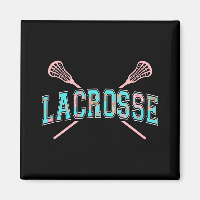 Floral Lacrosse Crossed Sticks LAX Girly Teal PInk Magnet (Front)
