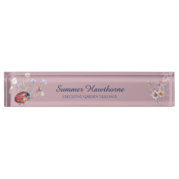 Floral Ladybug Botanical Cottage Core Mauve Pink Nameplate