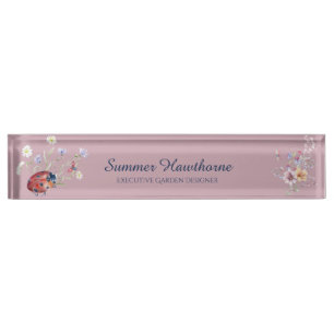 Floral Ladybug Botanical Cottage Core Mauve Pink Nameplate