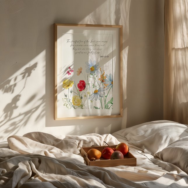 Floral Lamentations 3 Poster Print (Floral Lamentations 3 Bible verse art in a neutral modern room with wooden furniture and soft light.)