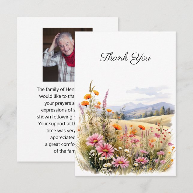 Floral Landscape Funeral Photo Thank You Card (Front/Back)