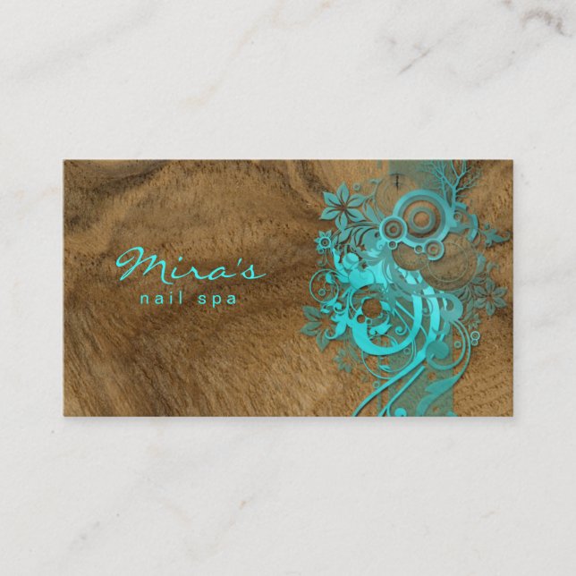 Floral Landscaping Business Card Wood Blue (Front)