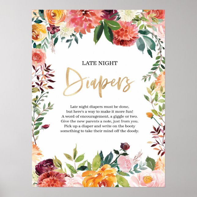 Floral Late night diapers Baby shower sign (Front)