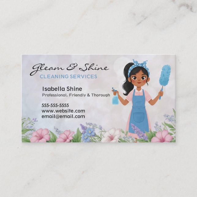 Floral Latina Cleaner Cleaning Service Housekeeper Business Card (Front)