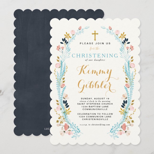 Floral Laurel Frame Christening invitation (Front/Back)