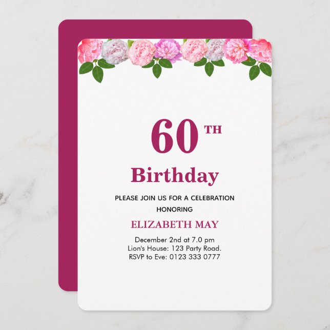 Floral & Laurel Leaves 40th, 60th Birthday Invitation (Front/Back)