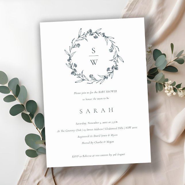Floral Laurel Wreath Monogram Baby Shower Invite (Creator Uploaded)